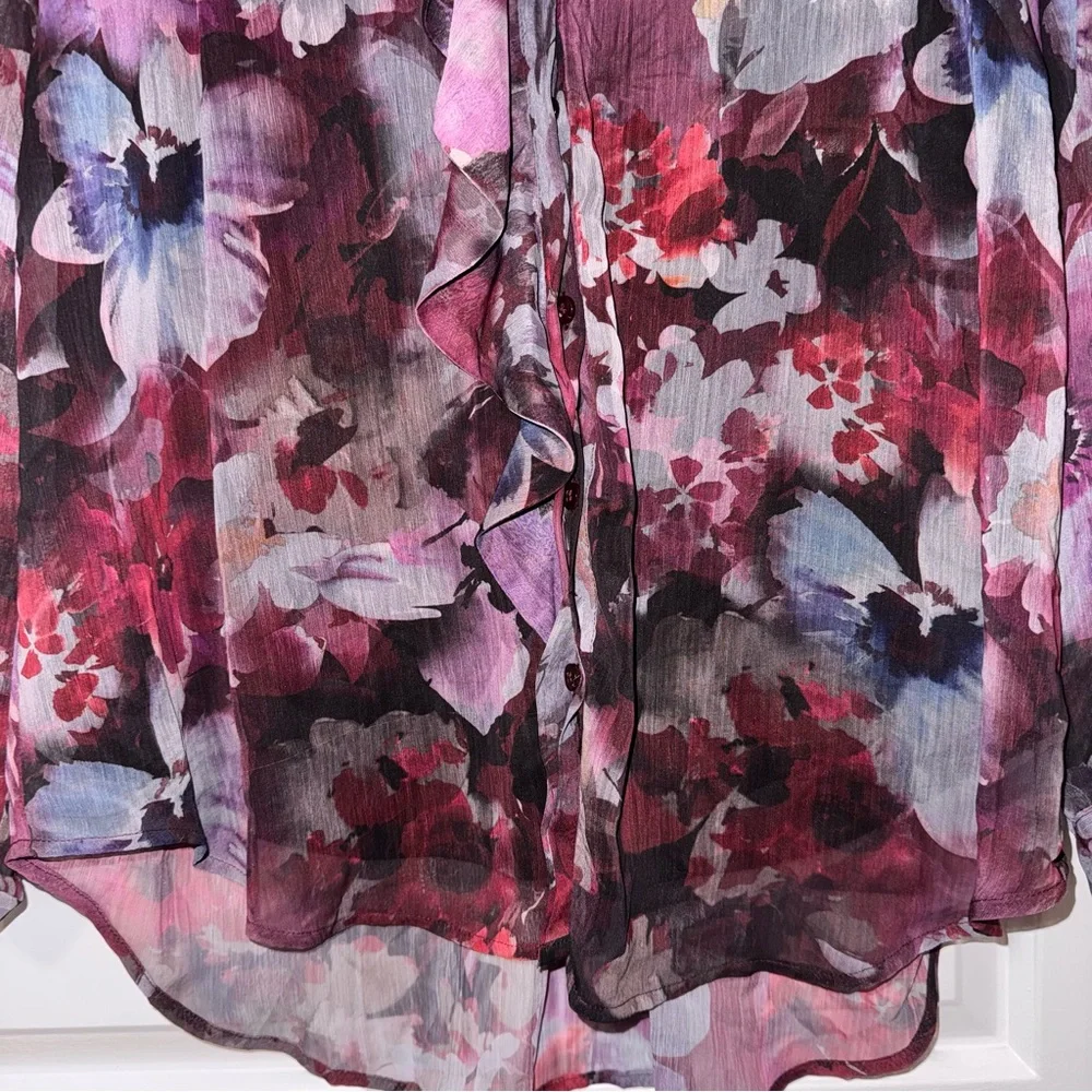CJ Banks Purple Floral ruffle button down long sleeve Blouse top 1x NWT - Picture 4 of 16